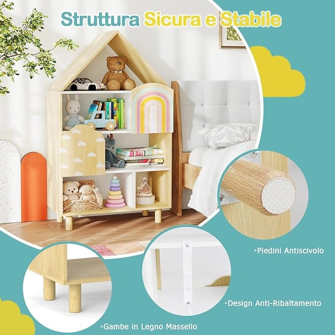 Scaffale per Bambini a Forma di Casa, Libreria Multiusa con 2 Ante, Sistema Anti-ribaltamento e Gambe in Legno per Sala Giochi Asilo Camera da Letto, 60 x 30 x 103 cm