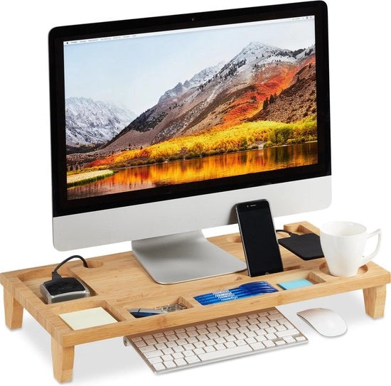 Monitor stand per computer con 8 contenitori per schermo laptop in bambù, dimensioni 9x60x30 cm - naturale
