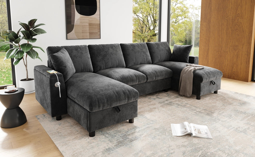 Divano a U con chaise longue e vano contenitore, 1 USB e 1 Type-C, in chenille grigio 279 × 135 × 84 cm