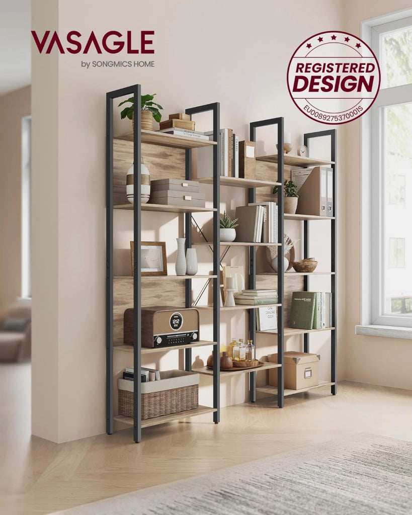 VASAGLE Libreria con 14 ripiani, struttura in metallo, scaffale per soggiorno, casa, ufficio, stile industriale, 24 x 158 x 166 cm, marrone cammello e nero inchiostro, LLS107K01