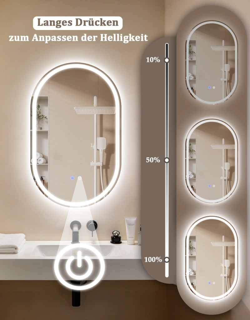 ZMH Specchio da bagno ovale con luce LED 50x80 cm parete touch antiappannamento IP44 dimmerabile 3000K-6500K