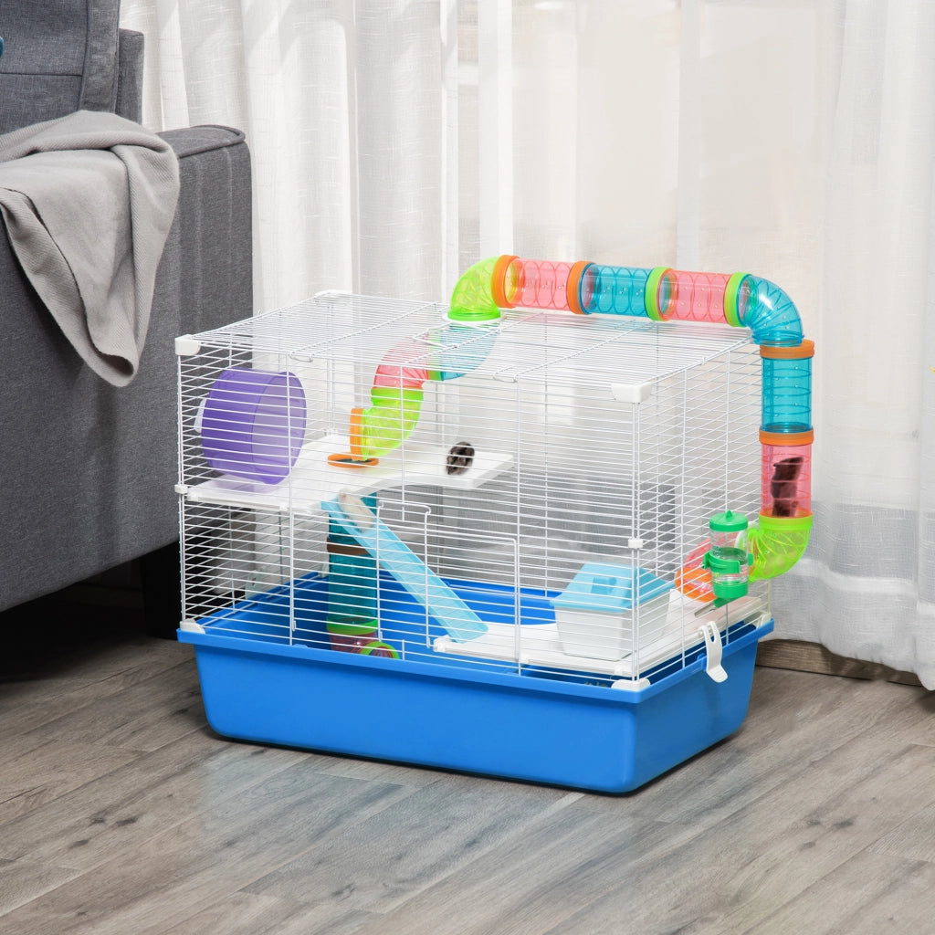 Gabbia per Criceti a 3 Livelli con Tunnel, Casetta e Ruota per Criceti, 59x36x47cm, Blu e Bianco