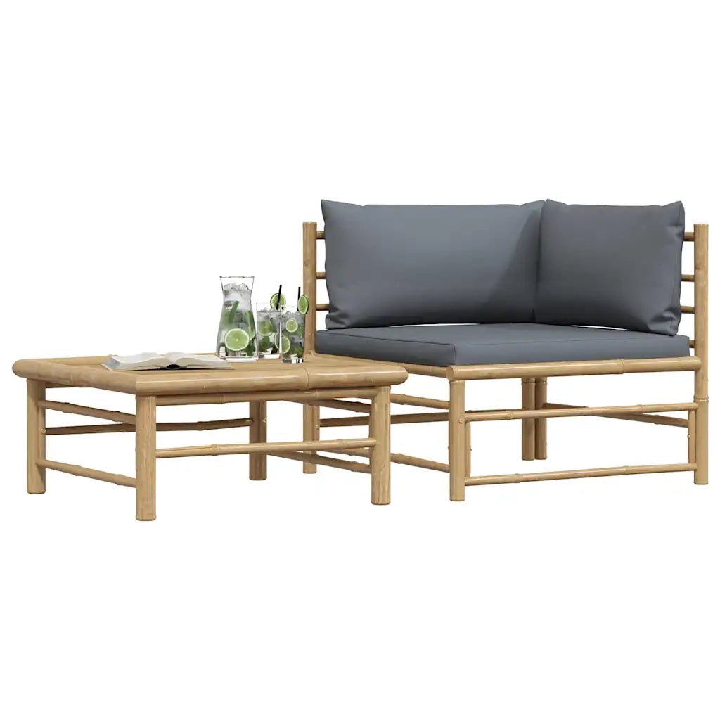 Set Divani da Giardino 2 pz con Cuscini Grigio Scuro in Bambù 313152