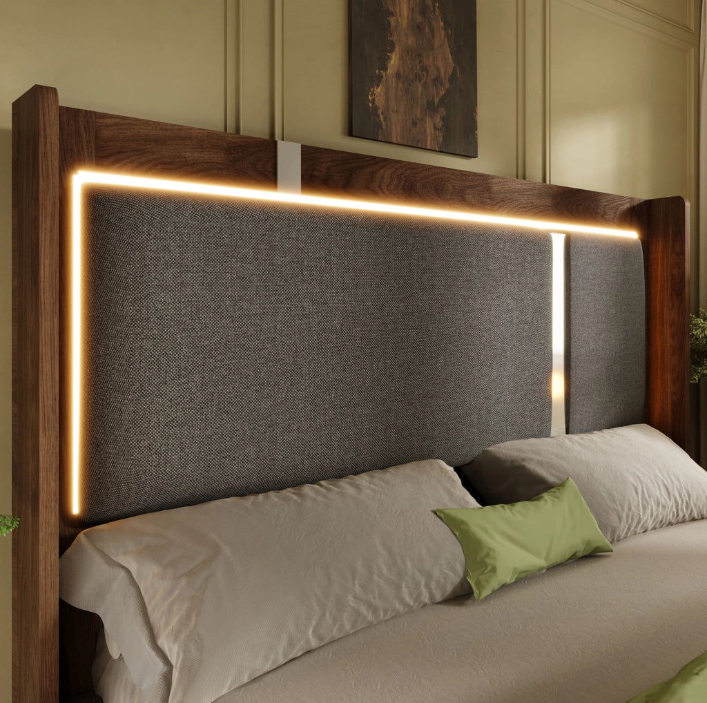 Letto matrimoniale 160x200 cm con contenitore; LED e struttura in metallo; grigio e noce