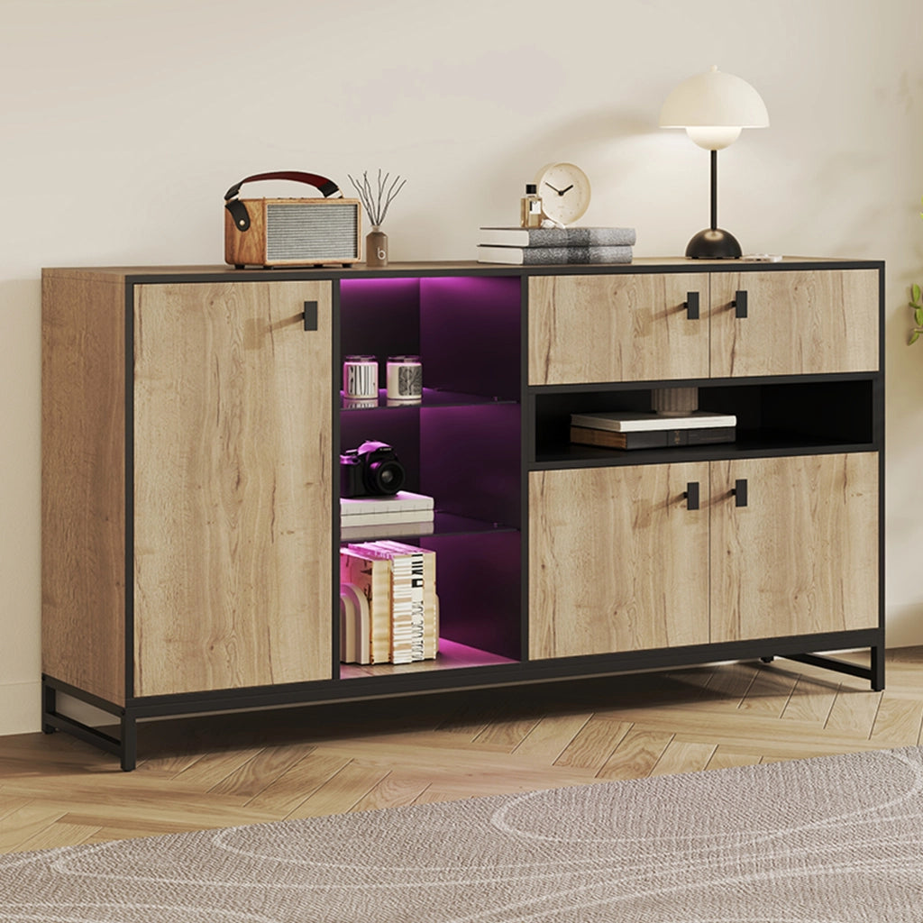 Credenza con 2 ante; ripiano regolabile e illuminazione LED - per soggiorno - 160×40×84.5 cm - naturale