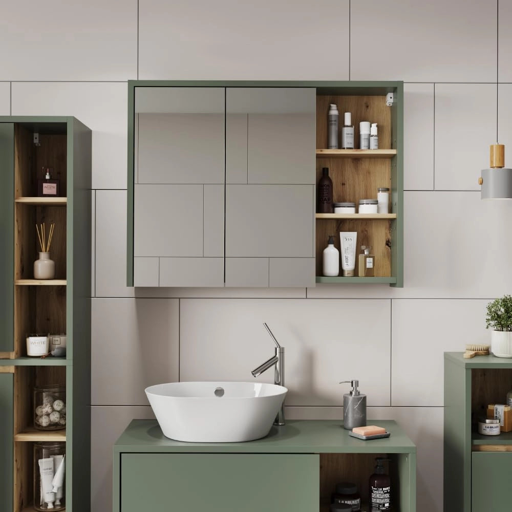 Mobile a specchio per bagno Viola, Verde/Artigianale, 100 x 75 cm con ripiani aperti, per montaggio a parete con ripiani aperti
