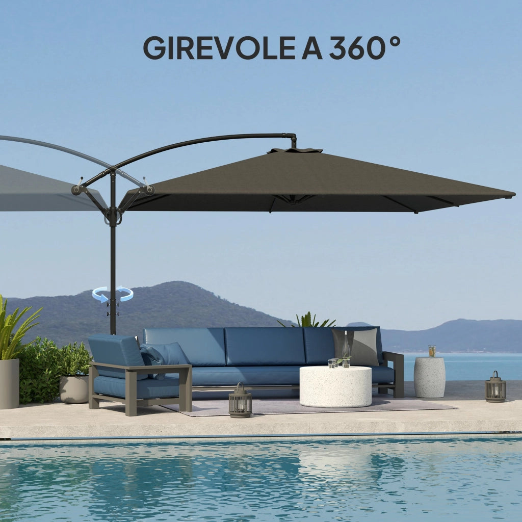 Ombrellone da Giardino a Braccio 355x390x250H cm Girevole a 360° e Inclinabile Grigio