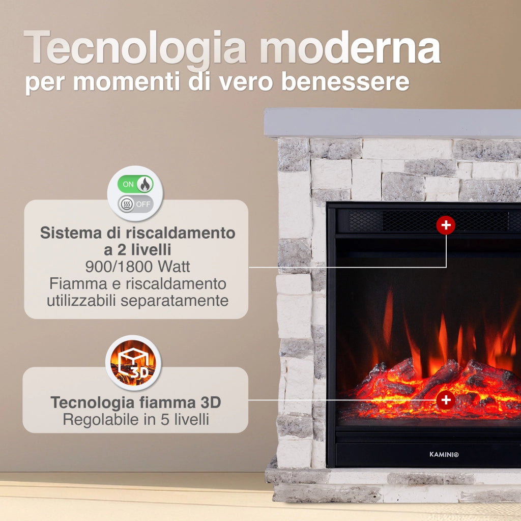 KAMINIO Camino elettrico JUAN - Camino elettrico da appoggio effetto pietra con riscaldamento, effetto fiamma 3D, telecomando - Grigio