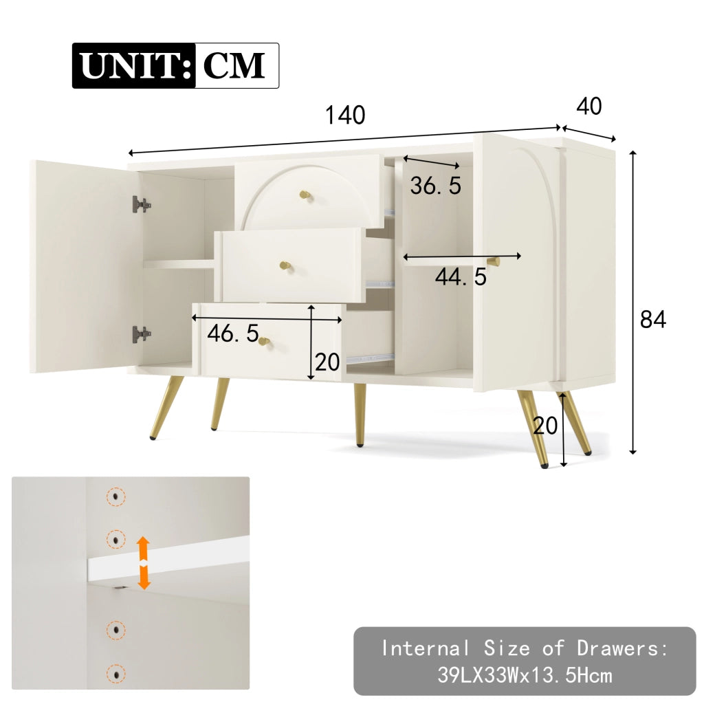 Credenza con 2 porte e 3 cassetti; ripiano regolabile; H84x140x40 cm; crema bianco