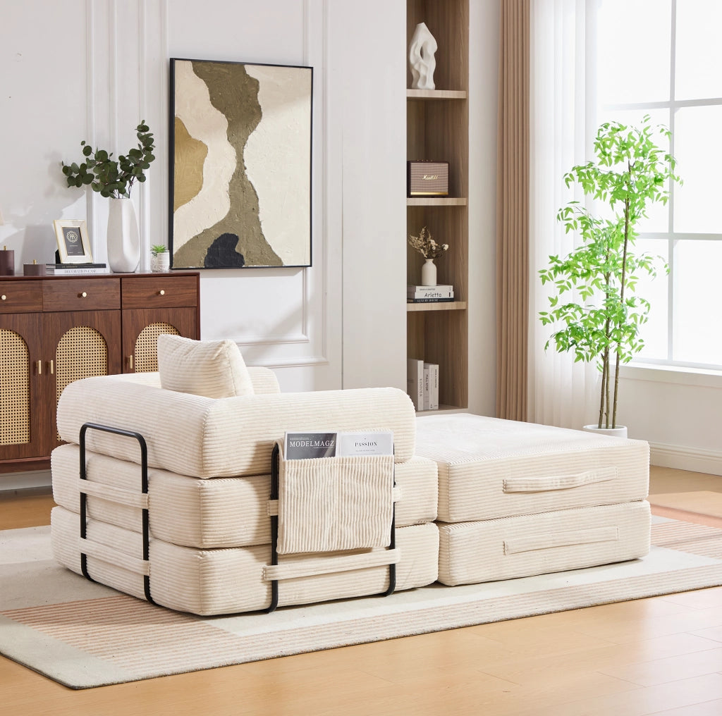 Poltrona modulare in velluto a coste beige con pouf e cuscino