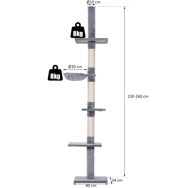 Albero tiragraffi da soffitto regolabile in altezza, 40 x 34 x 230-260 cm, grigio
