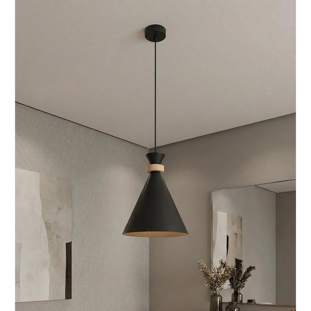 Lampada a sospensione ZERO in acciaio nero e legno