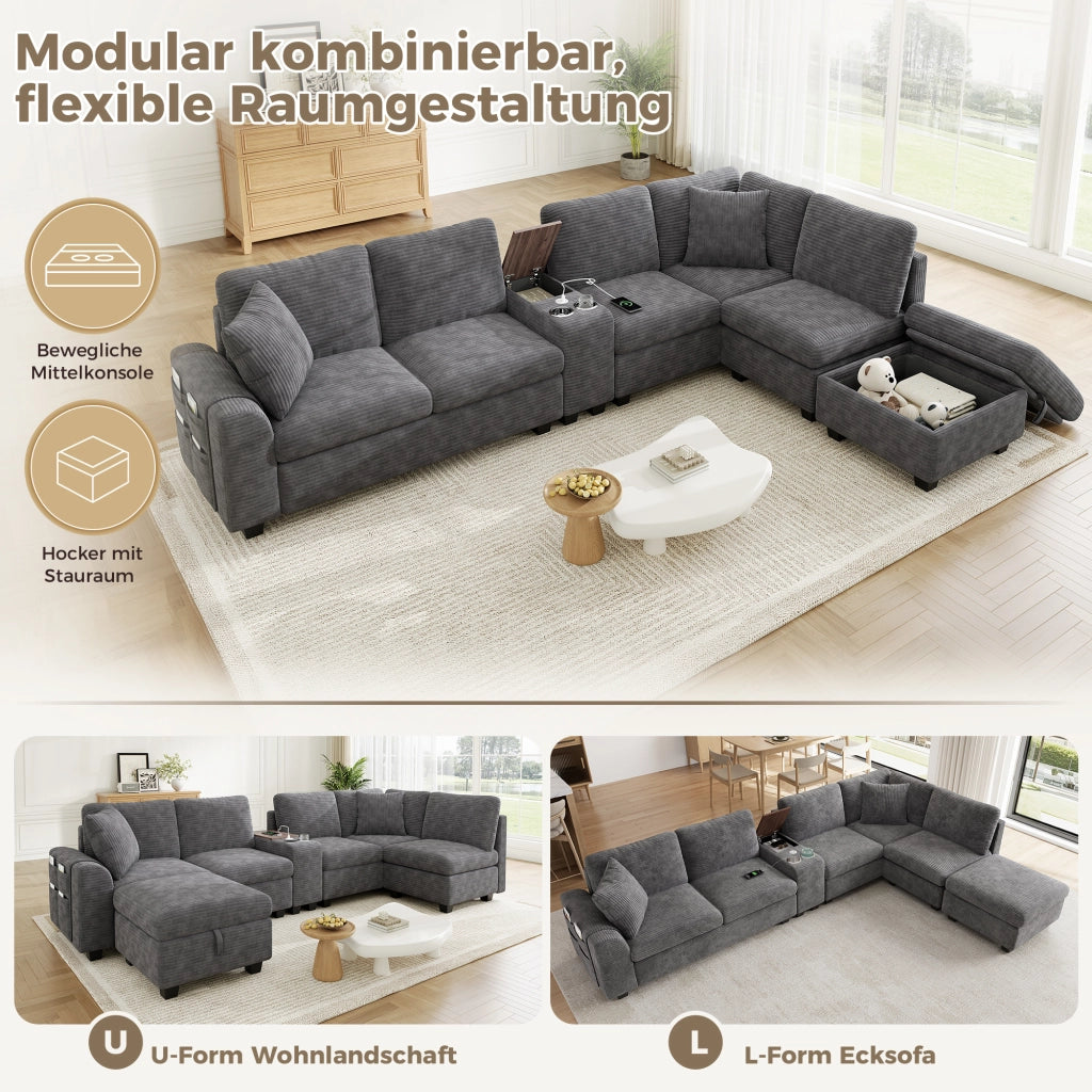 Divano angolare modulare 6 posti con ottomana contenitore console mobile e porte USB in corduroy grigio