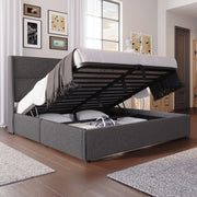Letto matrimoniale 160 × 200 cm con contenitore, testiera regolabile e materasso incluso, in lino, grigio