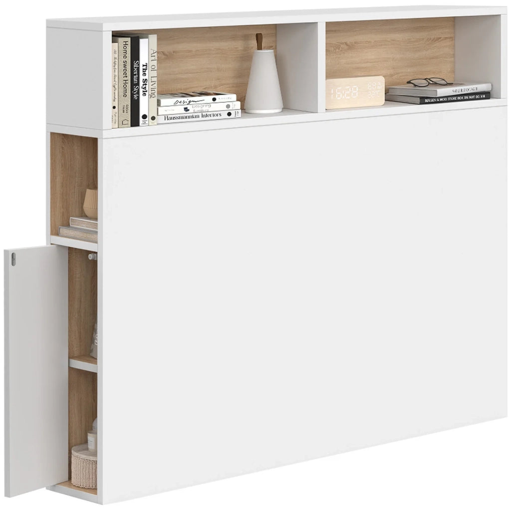 IDMarket - Testiera CLEO 95 cm free-standing con contenitori chiusi e nicchie in bianco e faggio