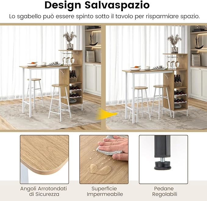 Set 3 Pezzi Tavolo e Sedie da Bar, Tavolo e Sgabelli da Pub Industriale con Porta Calici e 6 Portabottiglie da Vino, Set di Tavolo per Sala da Pranzo, Ristorante e Bar (Legno)