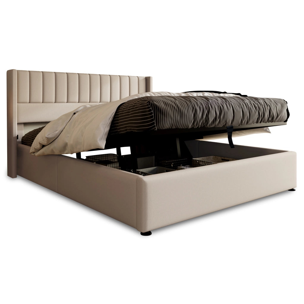 Letti contenitori 180x200 cm; sollevamento idraulico; lino; beige (Senza materasso)