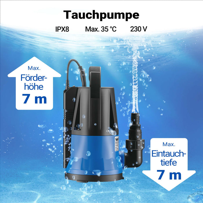 Pompa sommersa 400 W, pompa per acque reflue con portata max 6000 l/h, pompa a immersione, prevalenza max 7 m