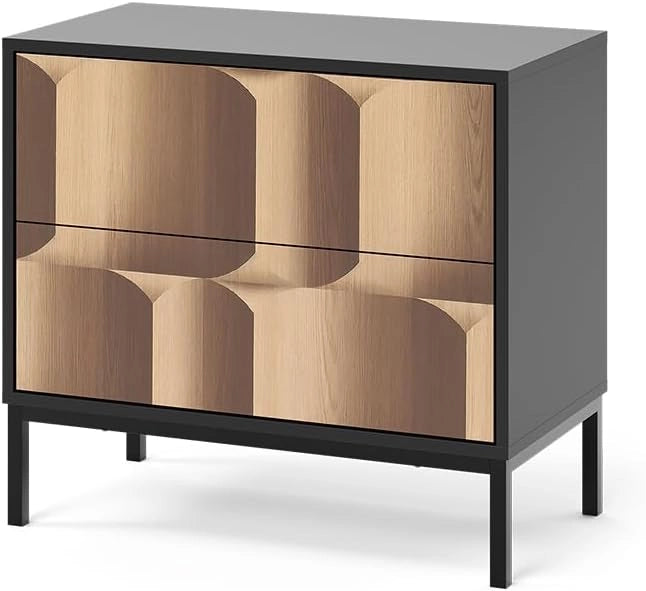 Comodino camera da letto Eliza, Nero/quercia, 66 x 60 cm con 2 cassetti