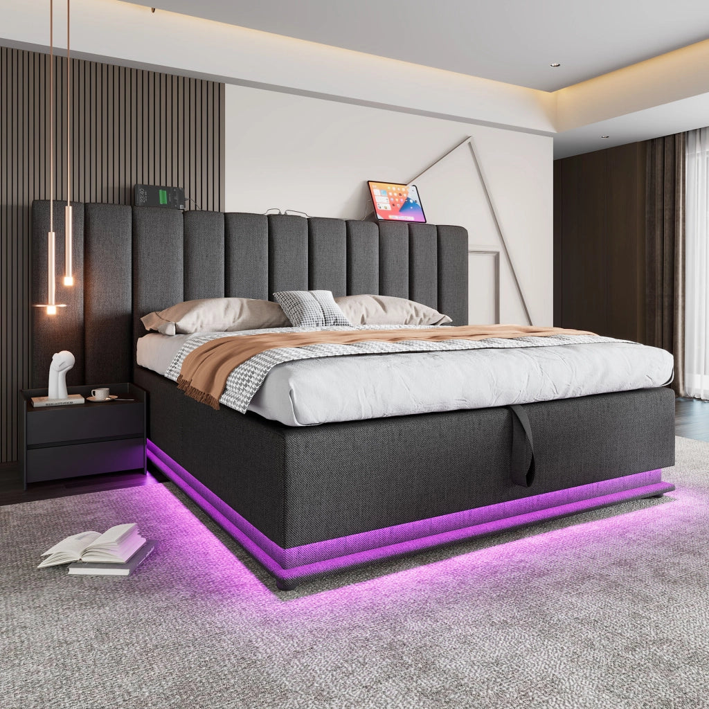 OKWISH Letto Contenitore 180×200 cm, Letto Matrimoniale con 3 USB, Type C e LED Regolabile, senza Materasso, in Lino, Grigio