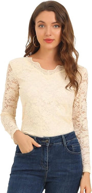 Blusa da donna con ricamo fiorale e maniche lunghe trasparenti - Blusa con finiture per donna - Disegno fiorale - Abito da festa
