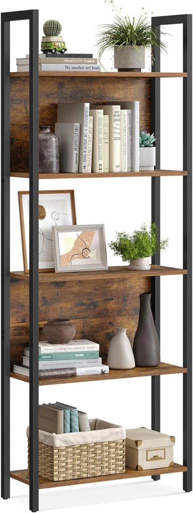 VASAGLE Libreria, scaffale da cucina, 5 livelli, telaio in acciaio stabile, per ufficio, ingresso, soggiorno, stile industriale, marrone rustico e nero LLS025B01
