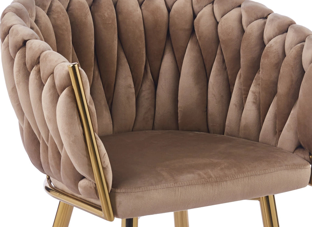Poltrona Con Schienale In Velluto Intrecciato Design Moderno, Sedia Imbottita Circolare con Gambe in Metallo Placcato Oro Poltroncina Sala Pranzo Camera Salotto Cucina con Seduta Morbida Tortora
