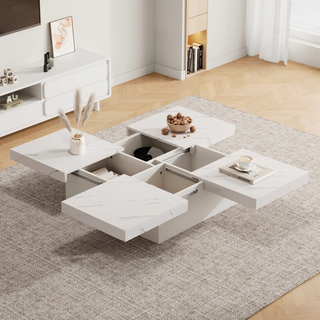 Tavolino da caffè 90x90x25 cm; 4 cassetti con piano scorrevole; truciolare effetto marmo bianco