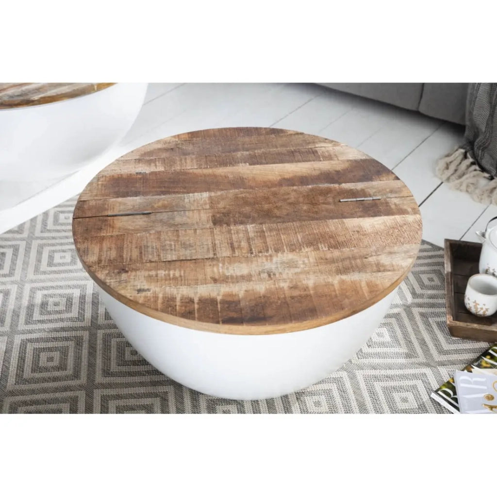 Tavolino basso TRIANE 60 cm con contenitore – Piano in legno di mango e struttura in metallo bianco opaco