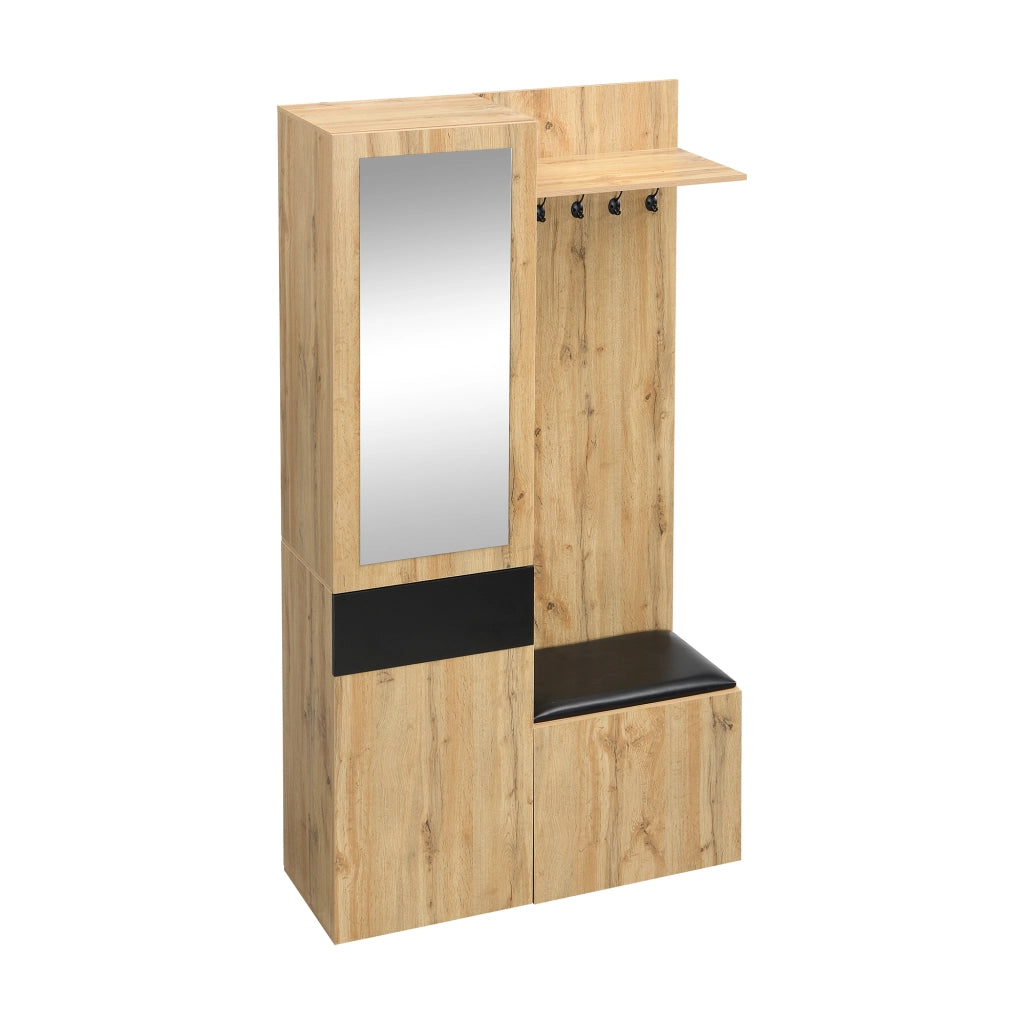 Set di mobili da ingresso con 5 ganci, specchio, panca portascarpe, vani contenitori e ripiani, in MDF nero e naturale