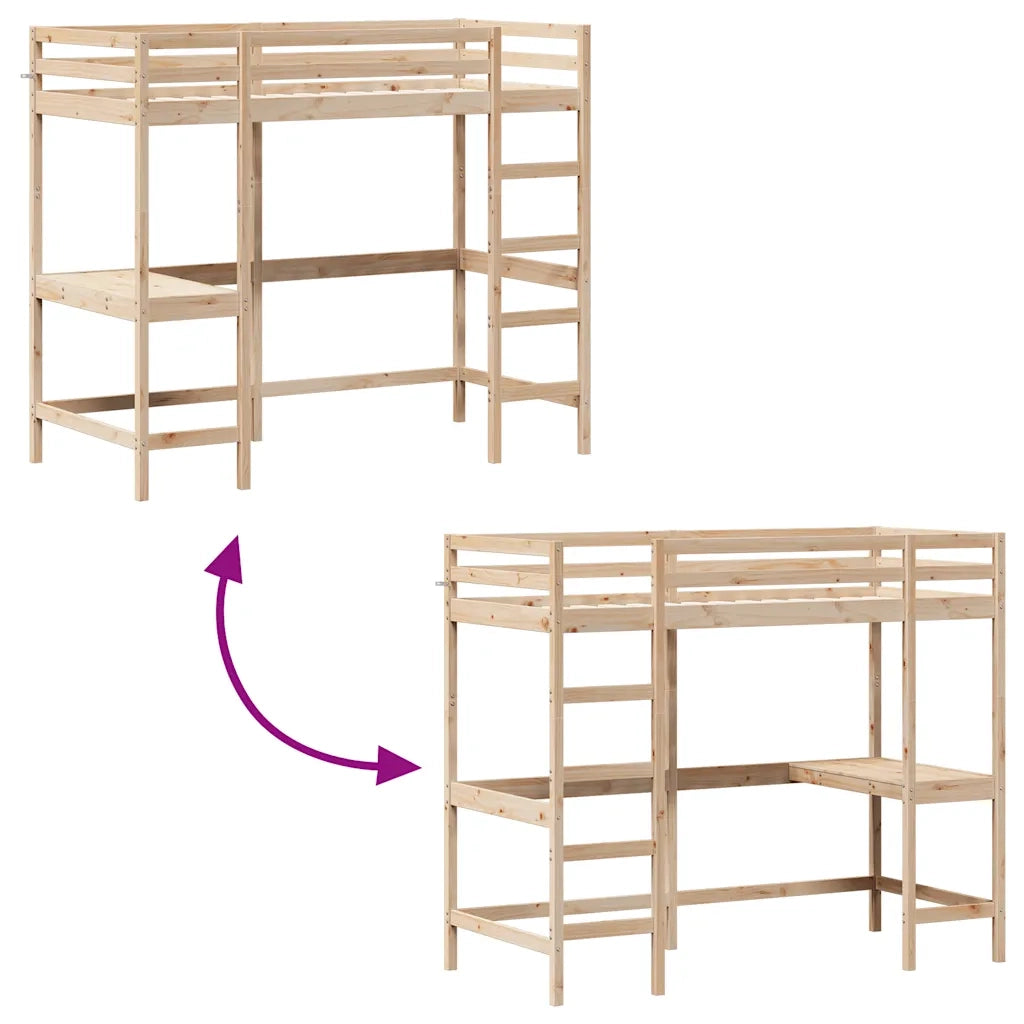 Letto singolo | Letto per adulti | Letto Soppalco con Scrivania 90x190 cm Legno Massello Pino