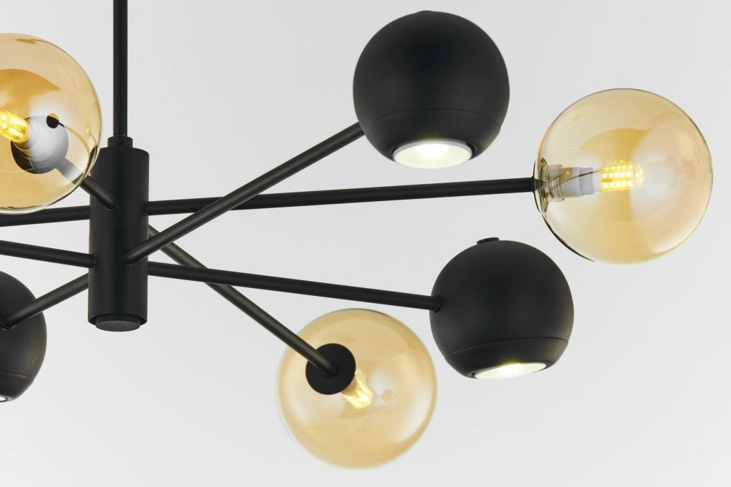 Lampadario moderno nero sfere vetro ambra 8 luci Jupiter