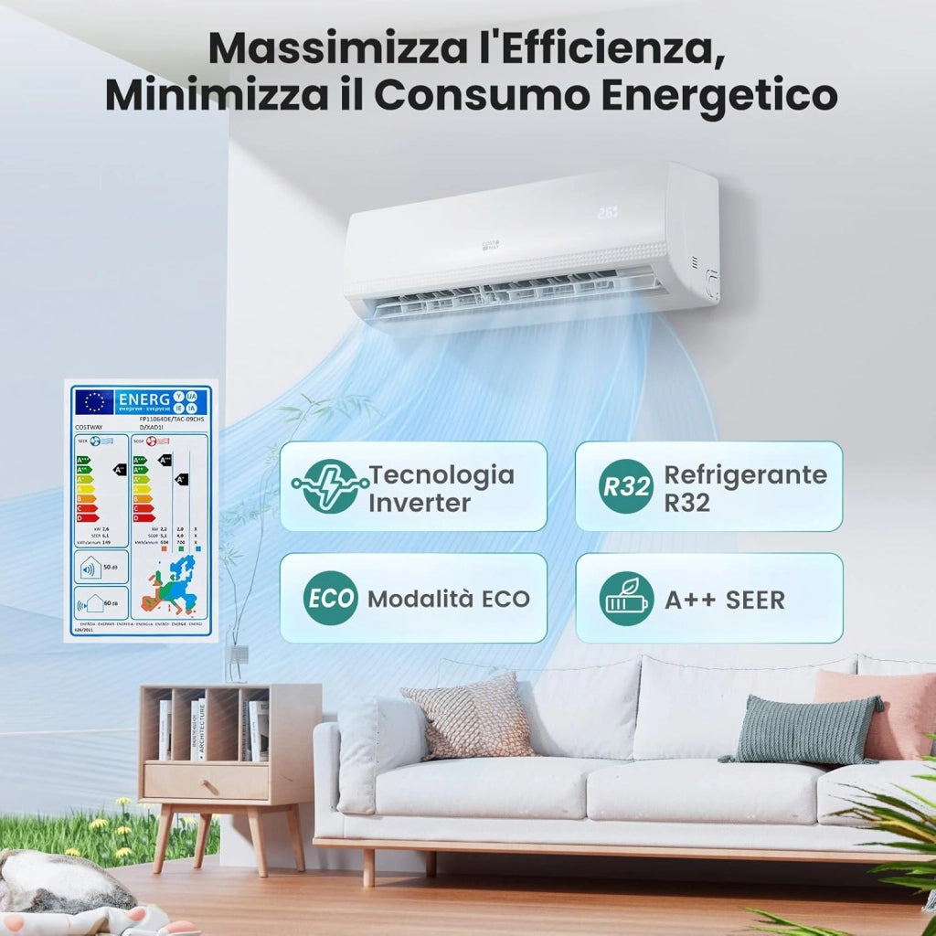 Climatizzatore Monosplit, Condizionatore Split con Pompa di Calore, Tecnologia Inverter, Flusso d’aria 4D con 8 Velocità, Funzione di Autopulizia e Timer di 24 ore (9000BTU, 2,6kW)
