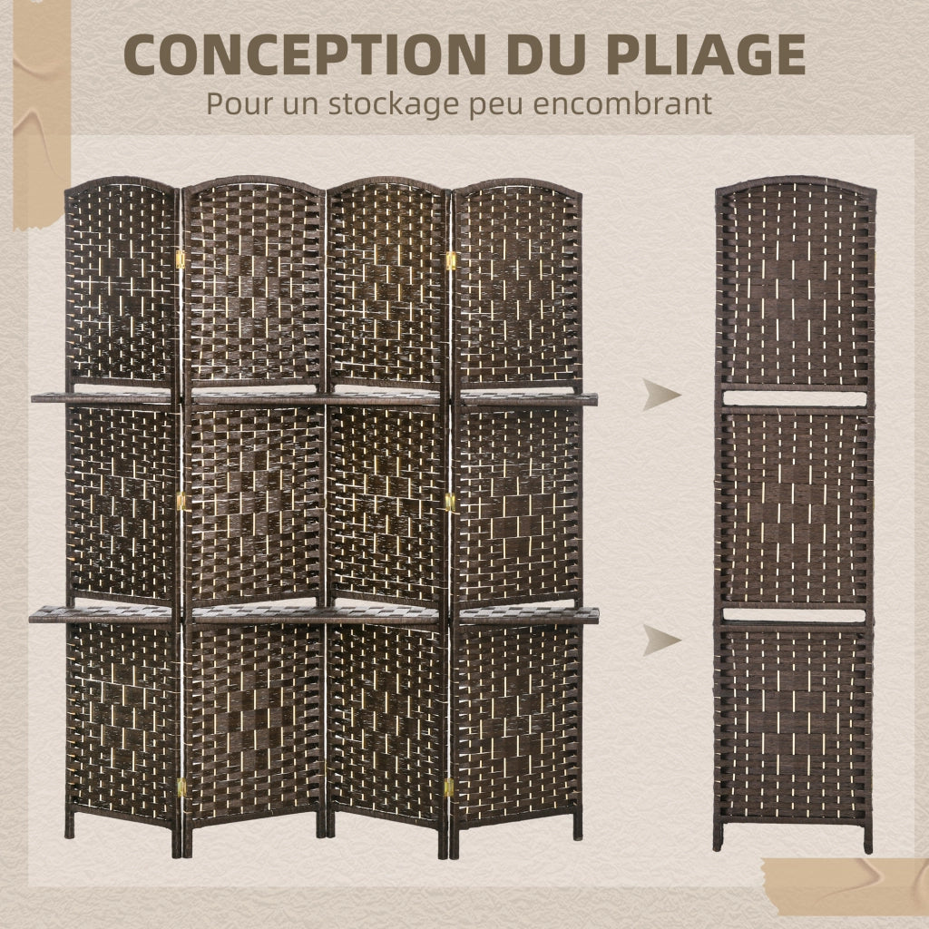 Paravento 4 pannelli con 2 ripiani ¨C zephmum ¨C 160x170 cm, legno, pieghevole