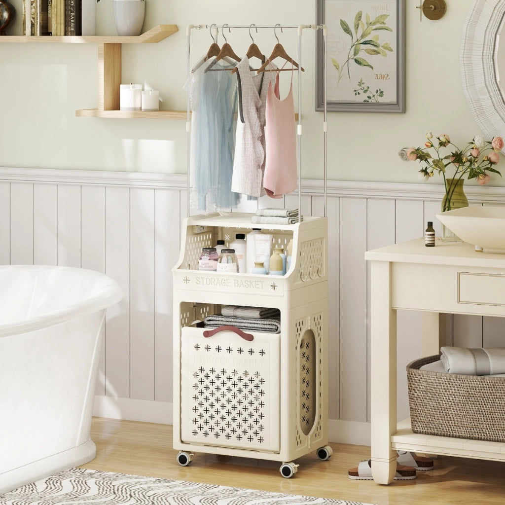 Cesto portabiancheria con ruote mentre plastica multistrato-Cesti del bucato con ruote ganci e contenitore Beige