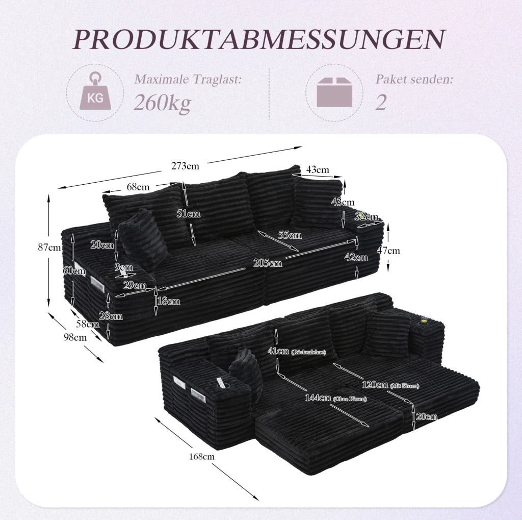 Divano letto 273x98x87 cm in velluto a coste nero con tasche e portabevande