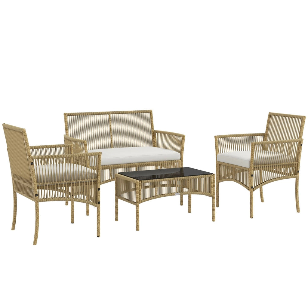 Set Salotto da Giardino in Rattan sintetico Tavolino 3 Poltrone con Divano con Cuscini Naturale