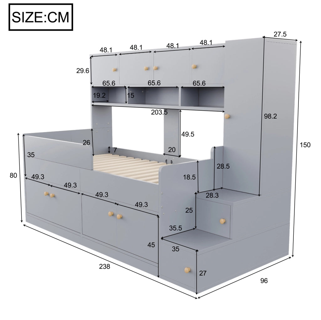 Letto per bambini 90x200 cm con LED e ampio spazio contenitivo; grigio