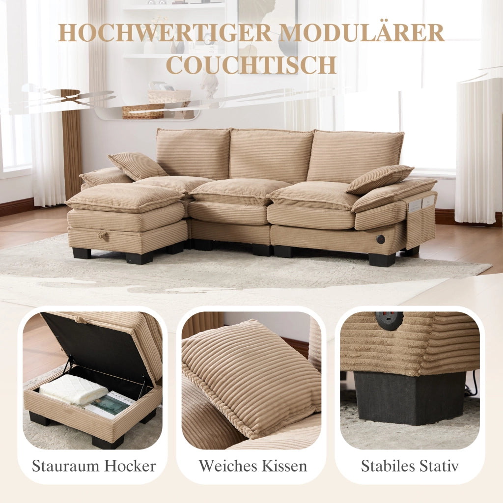 Canapé modulaire 3 posti con pouf, seduta ergonomica, porta USB-C e tasche laterali, in tessuto a coste khaki