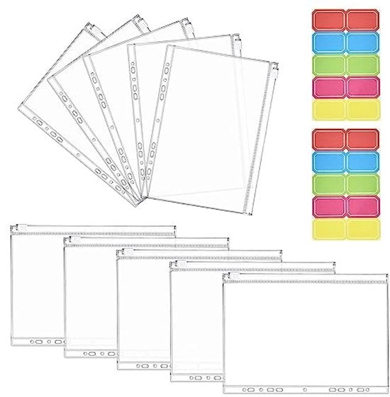 Pacco di 10 borse per documenti A4, borse con chiusura a righello, borse PVC con chiusura a righello, borse per documenti A4 con 11 fori, borse trasparenti, borse trasparenti per brochure con adesivi per documenti