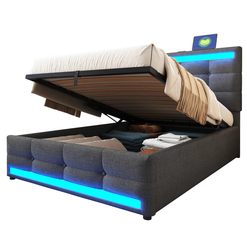 Letto imbottito 90x200 cm con luci LED RGB, porte USB, testiera regolabile e struttura salvaspazio, grigio