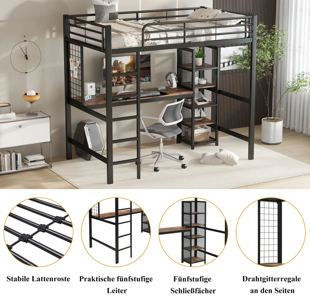 Letto a soppalco 90x200 cm con scrivania e scaffale