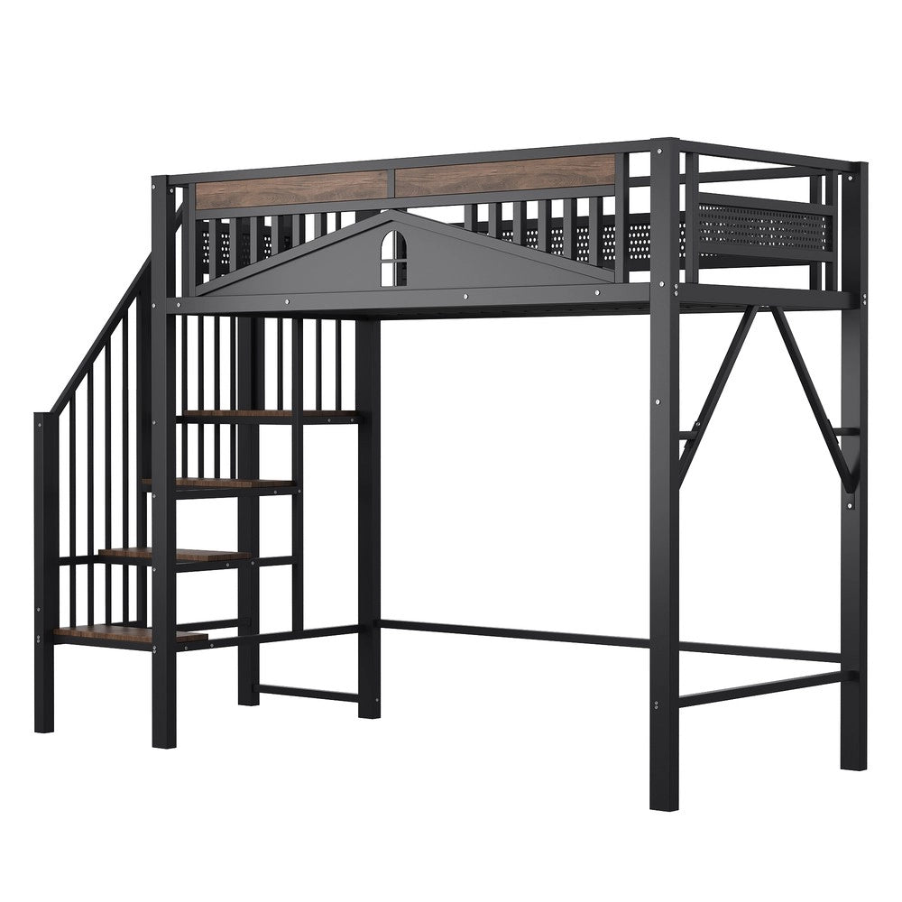 Letto a Soppalco in Metallo 90x200 con Scala ¨C MINIMAL ¨C Nero