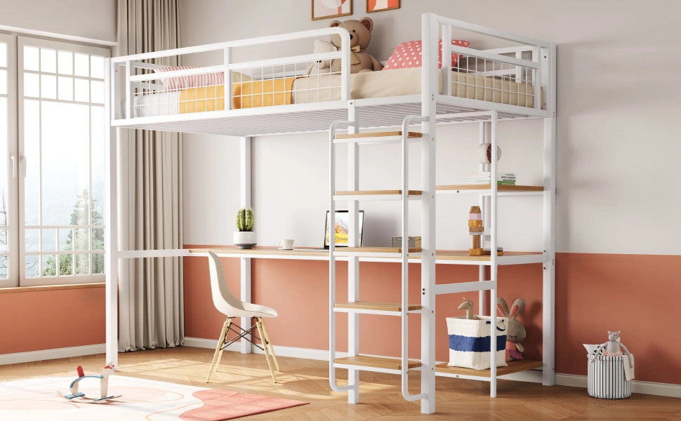 Letto a castello singolo bianco con funzione scrivania e scaffali in metallo 90x200 cm