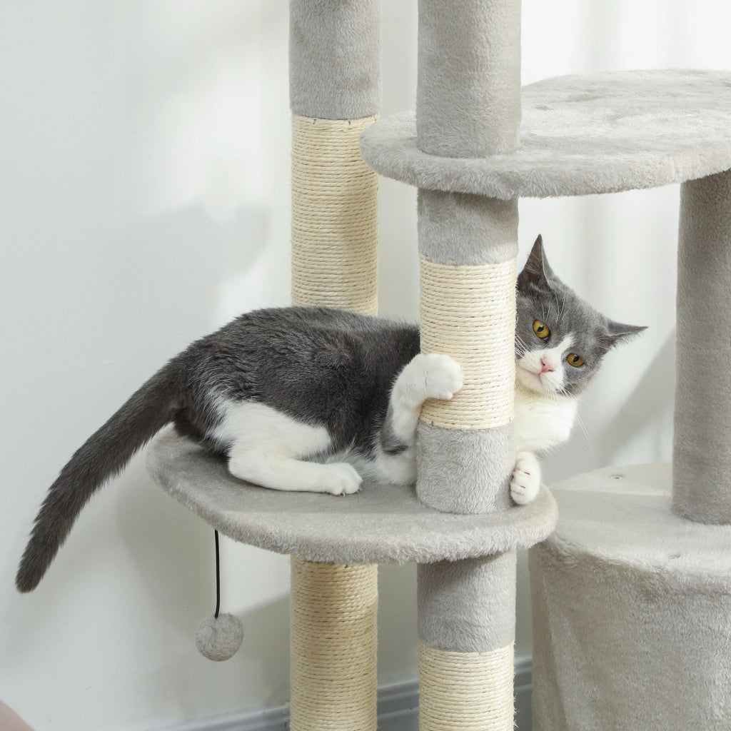 Tiragraffi per Gatti con Piattaforma e Casetta ¨C ZephMum ¨C Grigio Chiaro 114 cm