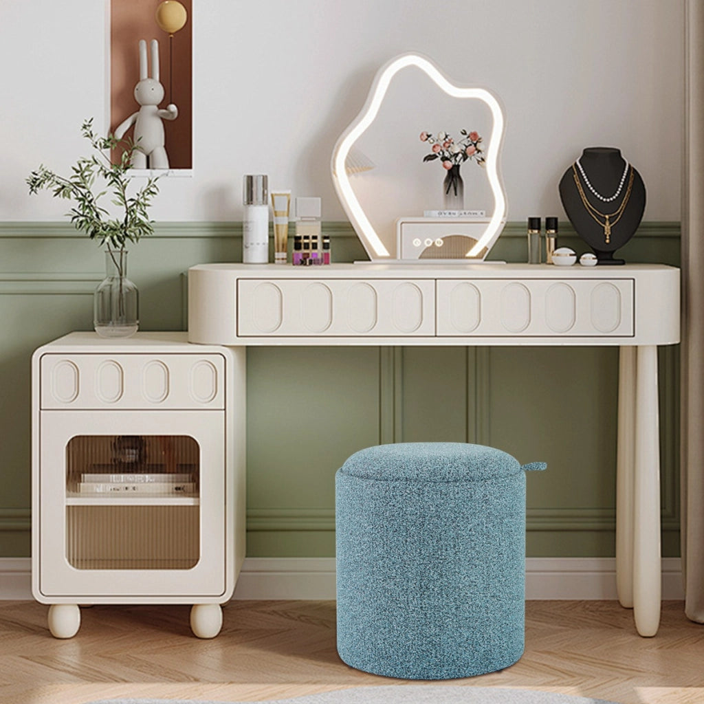 Set di 2 pouf rotondi con vassoio reversibile e stoccaggio nascosto-Pouf contenitore imbottito multifunzionale Blu