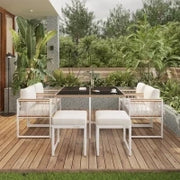 Set da pranzo da esterno a 7 pezzi con tavolo in vetro temperato, intreccio in rattan, cuscini, per 6 persone, Nero e Bianco