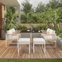 Set da pranzo da esterno a 7 pezzi con tavolo in vetro temperato, intreccio in rattan, cuscini, per 6 persone, Nero e Bianco
