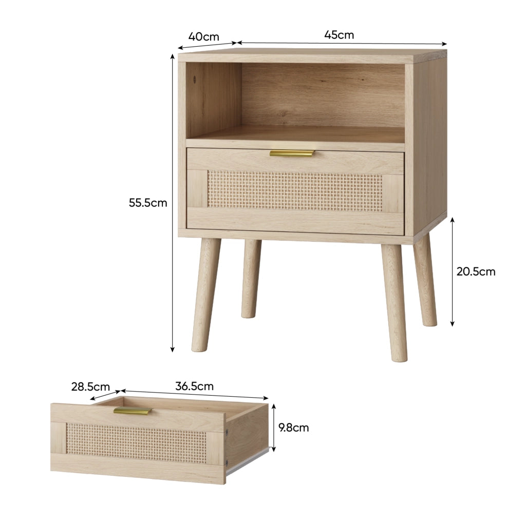 Comodino 45x40x55 cm rovere in MDF e rattan, cassetto e vano aperto