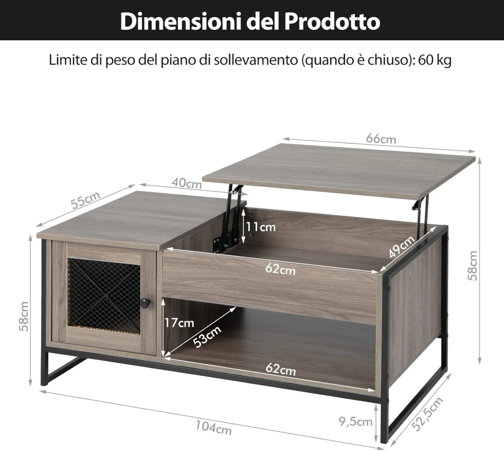 Tavolino da Salotto in Legno, Tavolino Basso Sollevabile con Scompartimento Nascosto, Tavolino da Divano Moderno per Soggiorno e Ufficio, 104 x 55 x 58 cm, Grigio